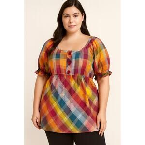 Lane Bryant 18/20 Multicolor Plaid Peasant Tunic Top Puff Sleeve Cottage Boho